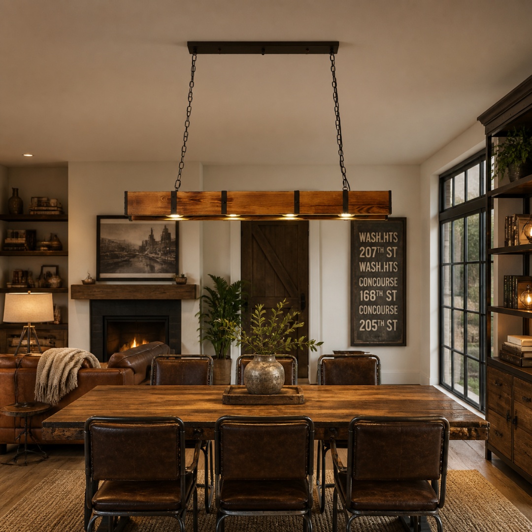 Rustic Wood Bar Pendant Light with Spotlights in a room setting