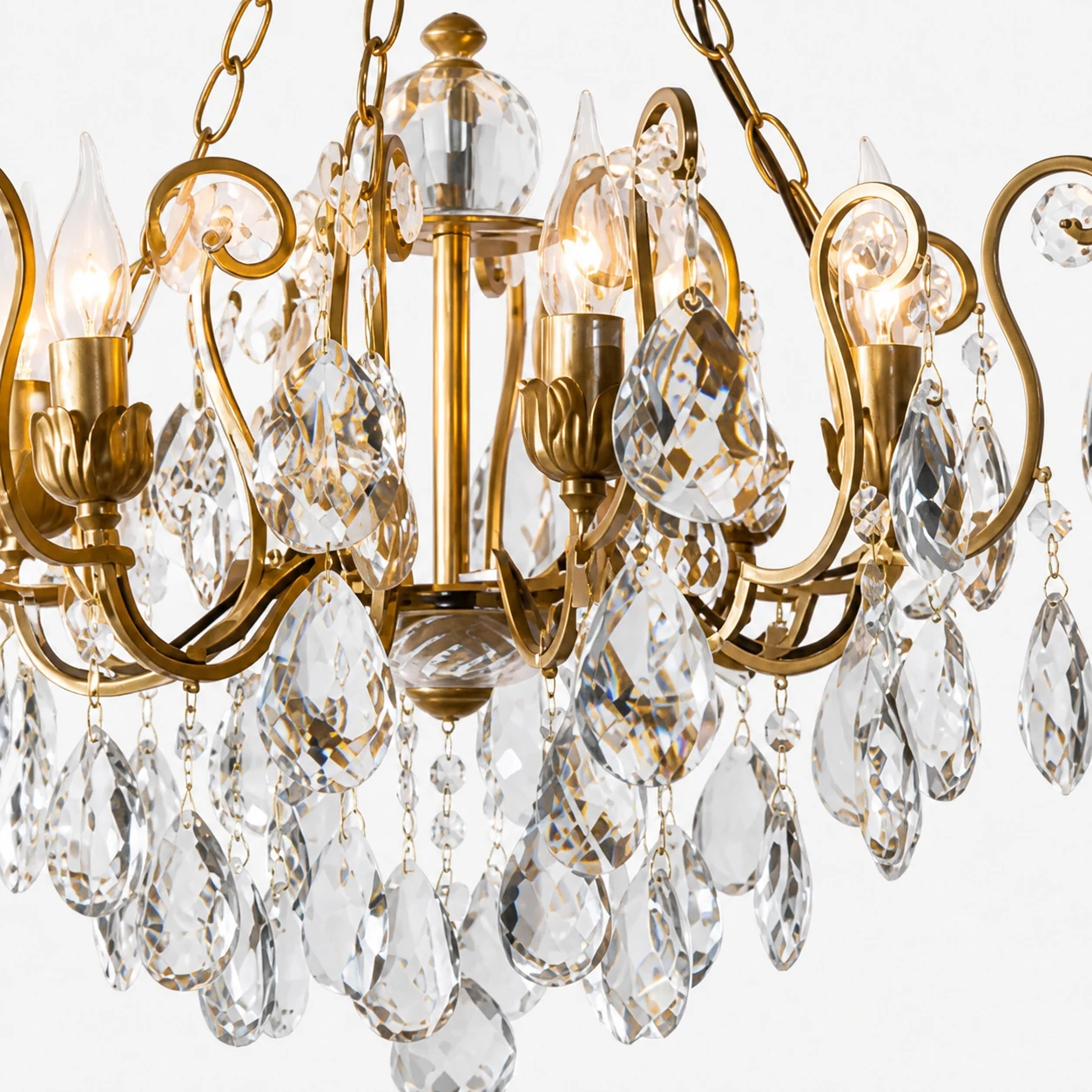 Close-up of crystal and metal details on the French Country Crystal Basket Chandelier