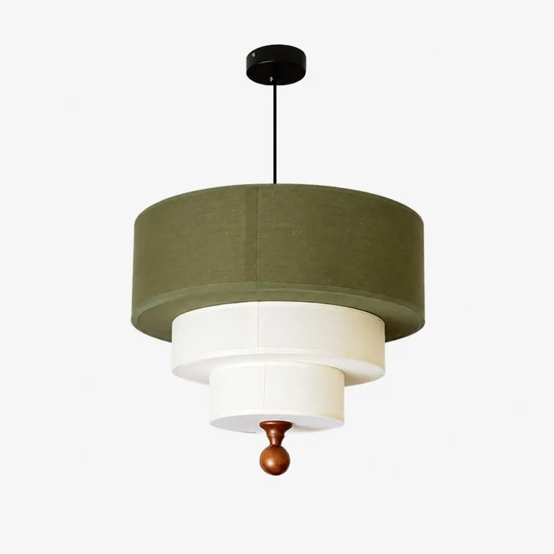 Lampadario a sospensione a tamburo con tessuto a strati bianco e verde.
