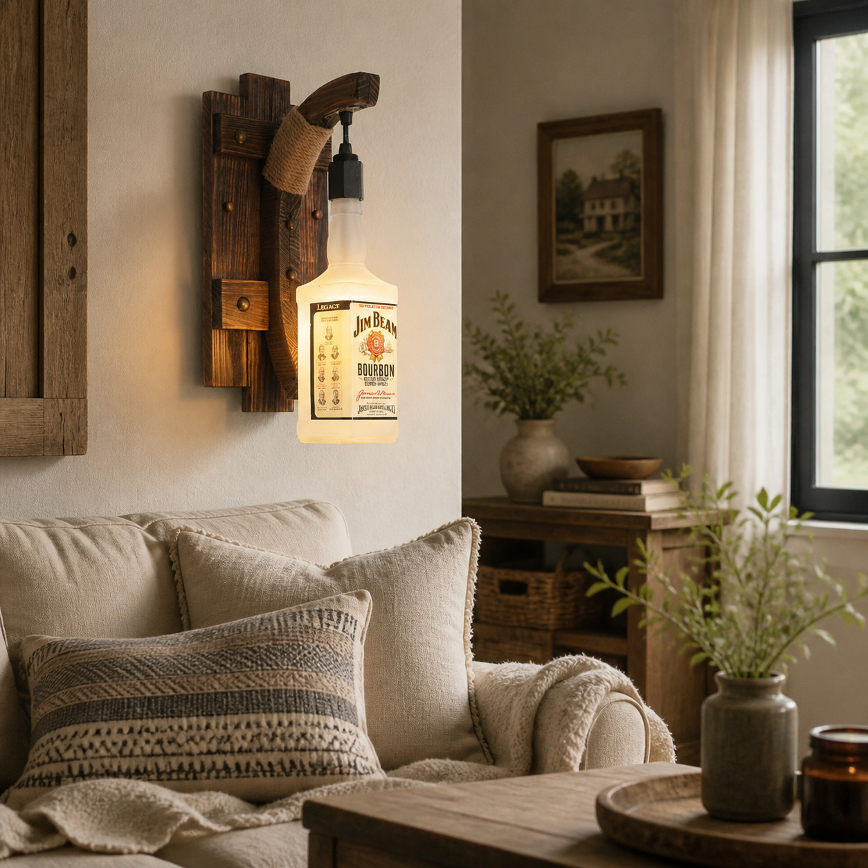 Rustic Wood and Rope Bottle Wall Sconce in a room setting