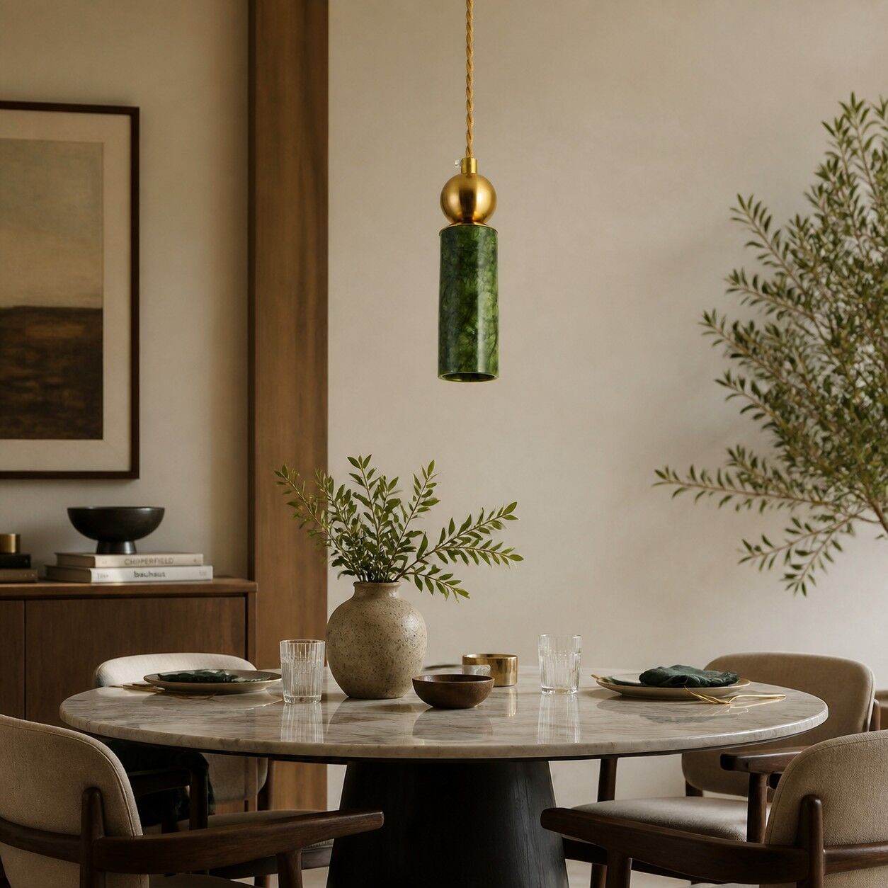 Green Jade Cylinder Pendant Light in a room setting