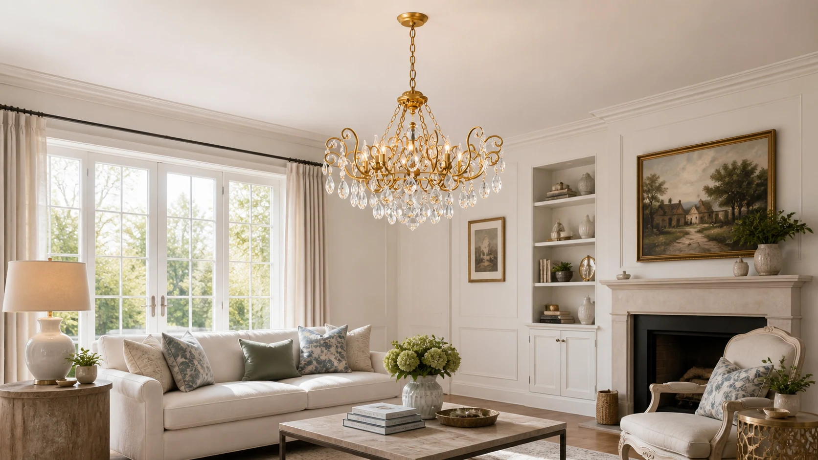 French Country Crystal Basket Chandelier installed in a room