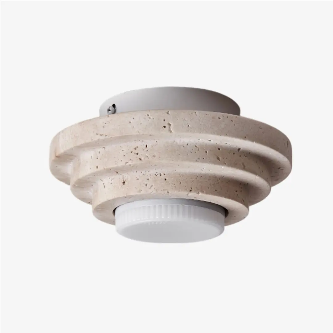 Beige travertine flush mount ceiling light on a clean background