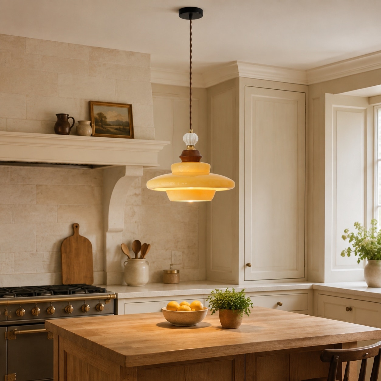 Caramel yellow glass pendant light over a kitchen island