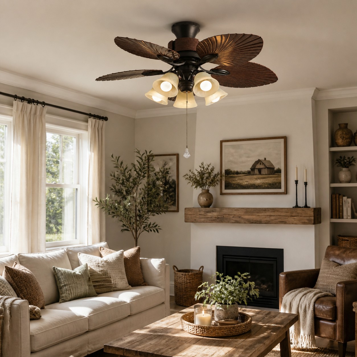 Deckenventilator mit tropischen Blattflügeln und Beleuchtung in einer Raumgestaltung