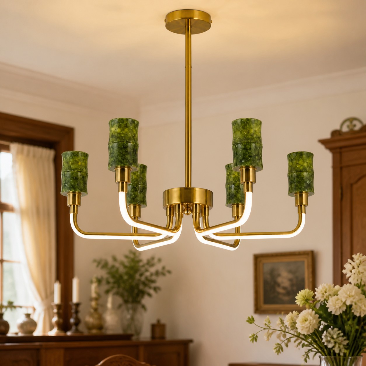 Green Jade Candle-Arm Chandelier in a room setting