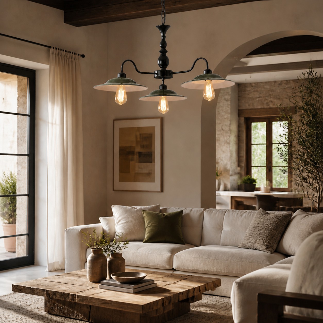 Green Enamel Industrial Chandelier in a room setting