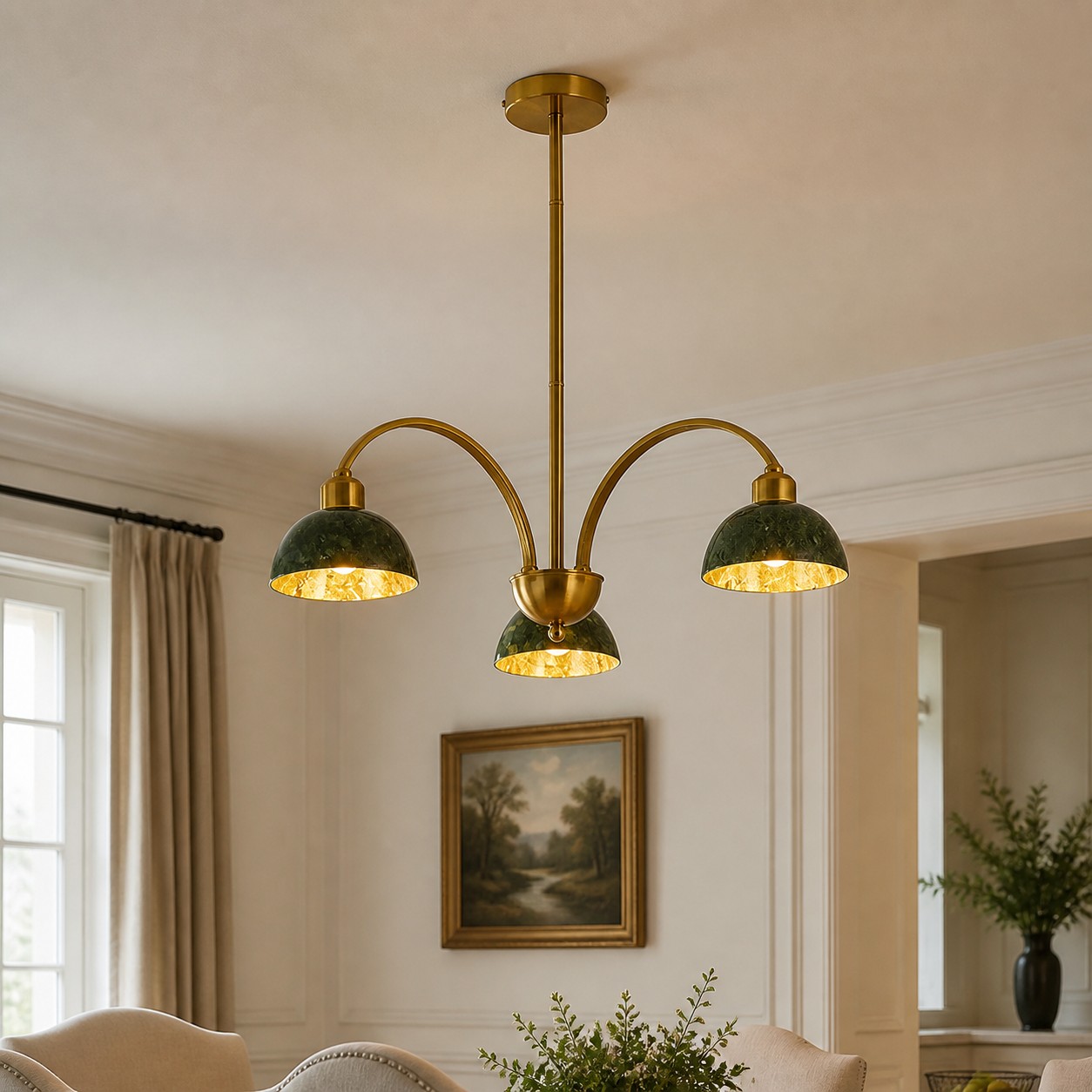 Green Jade Scalloped Dome Chandelier in a room setting