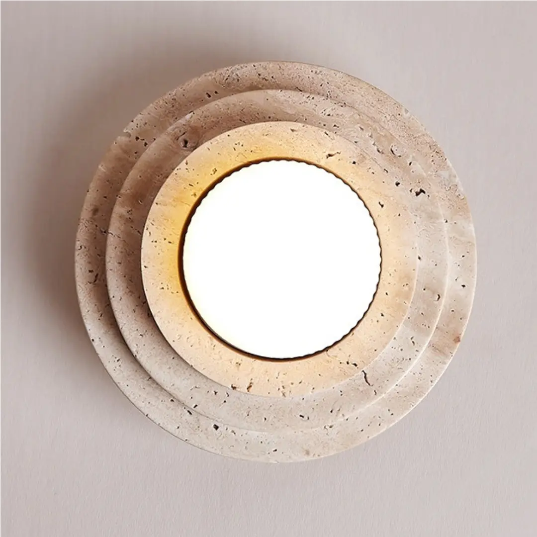 Front detail of the layered beige travertine ceiling light