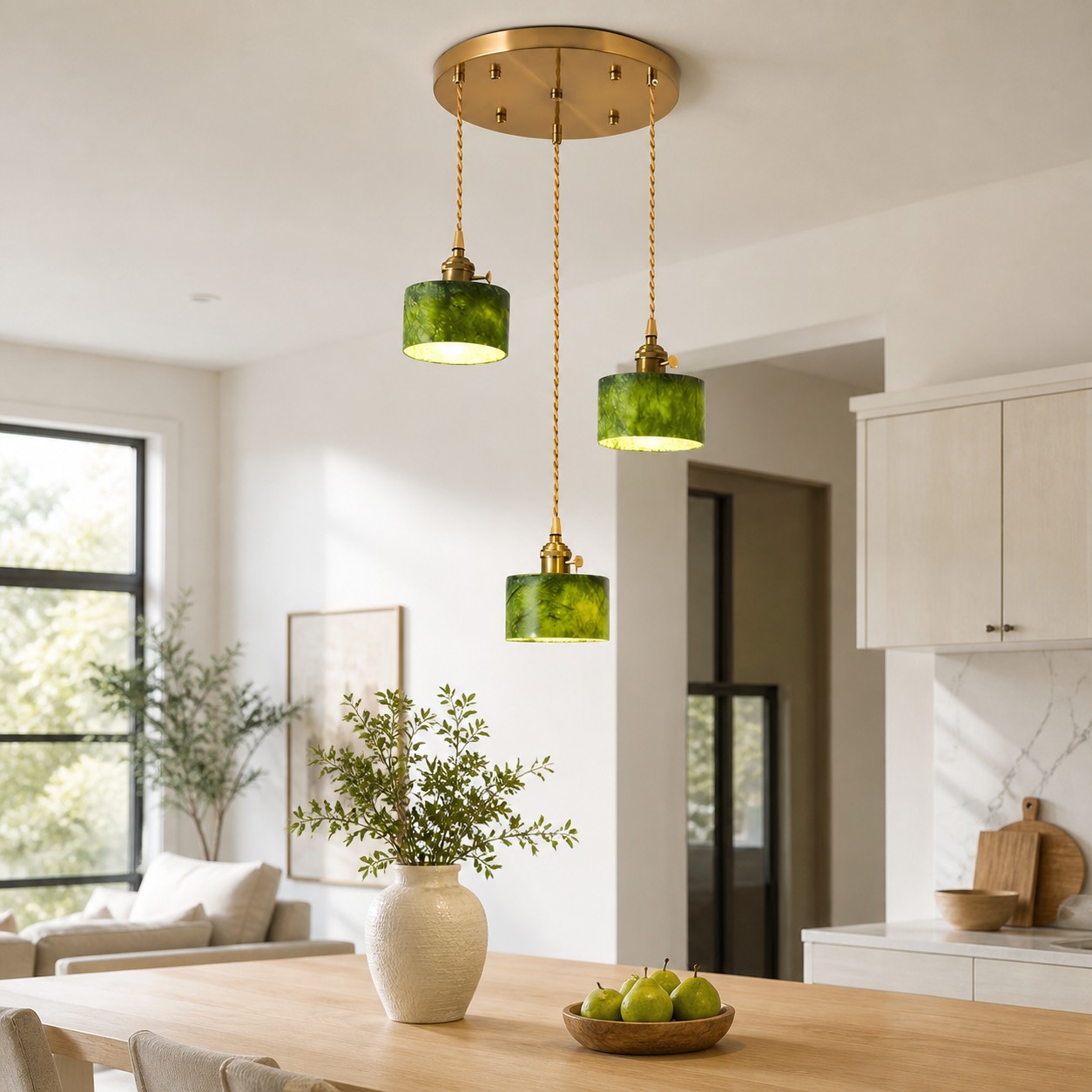 Green Jade 3-Light Cluster Pendant Light in a room setting