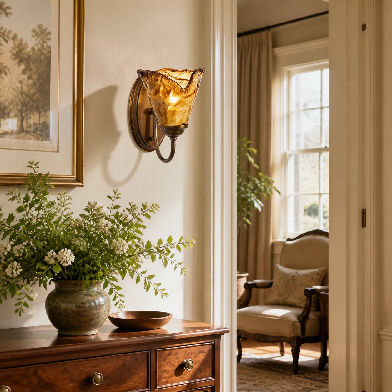 Amber glass wall sconce displayed in a traditional hallway