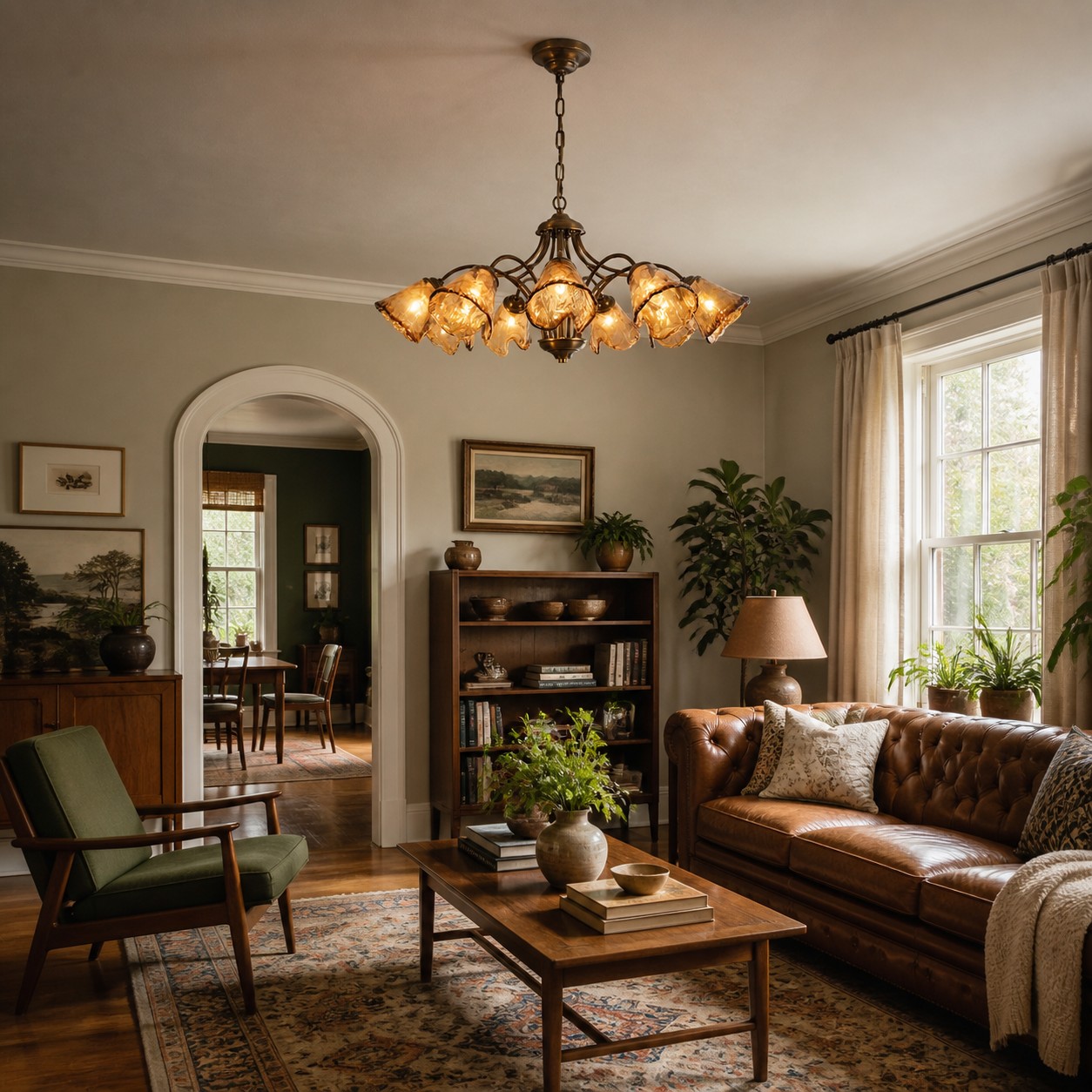 Downward Amber Tulip Glass Brass Chandelier in an interior