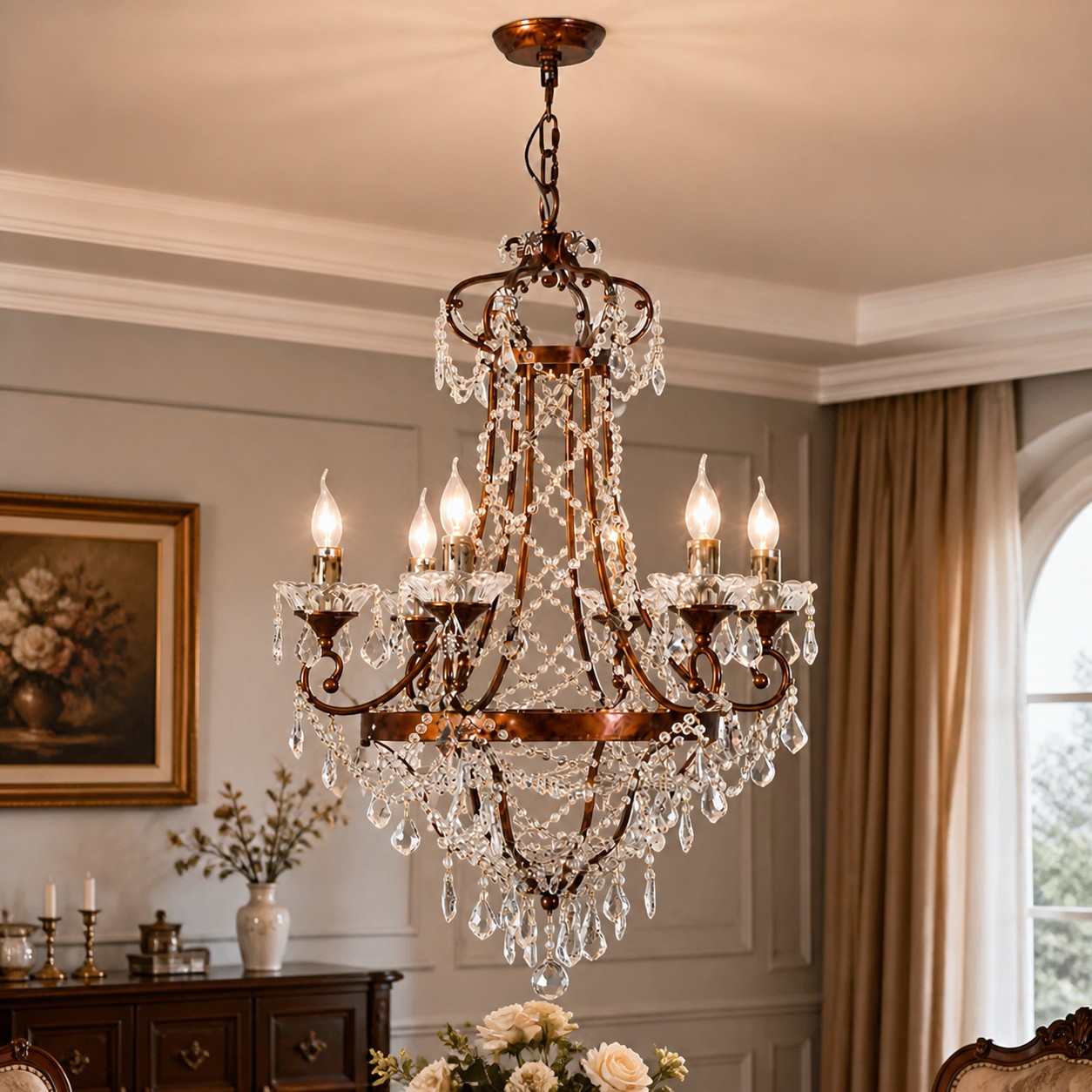 Grand crystal chandelier displayed above a formal dining table
