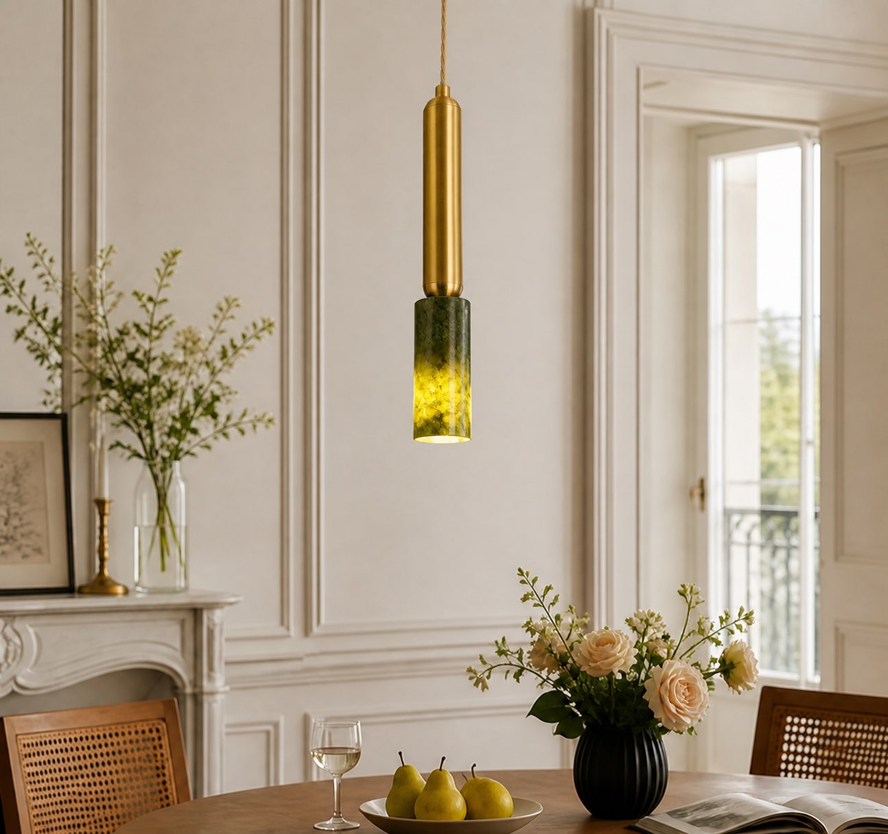 Slim Brass and Green Jade Pendant Light in a room setting