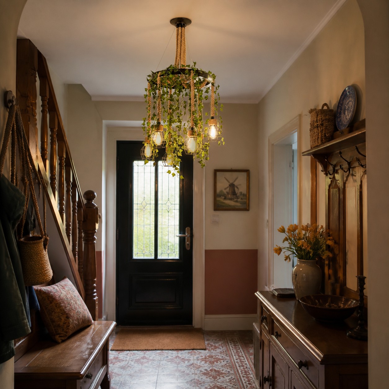 Rope-Wrapped Industrial Ring Chandelier in a room setting