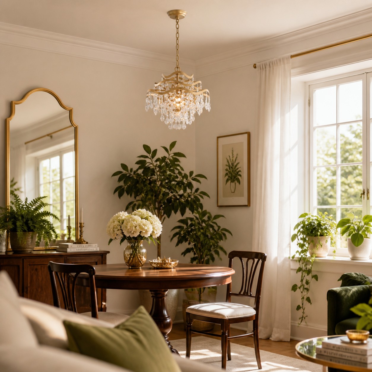 Tiered crystal chandelier displayed above a dining table