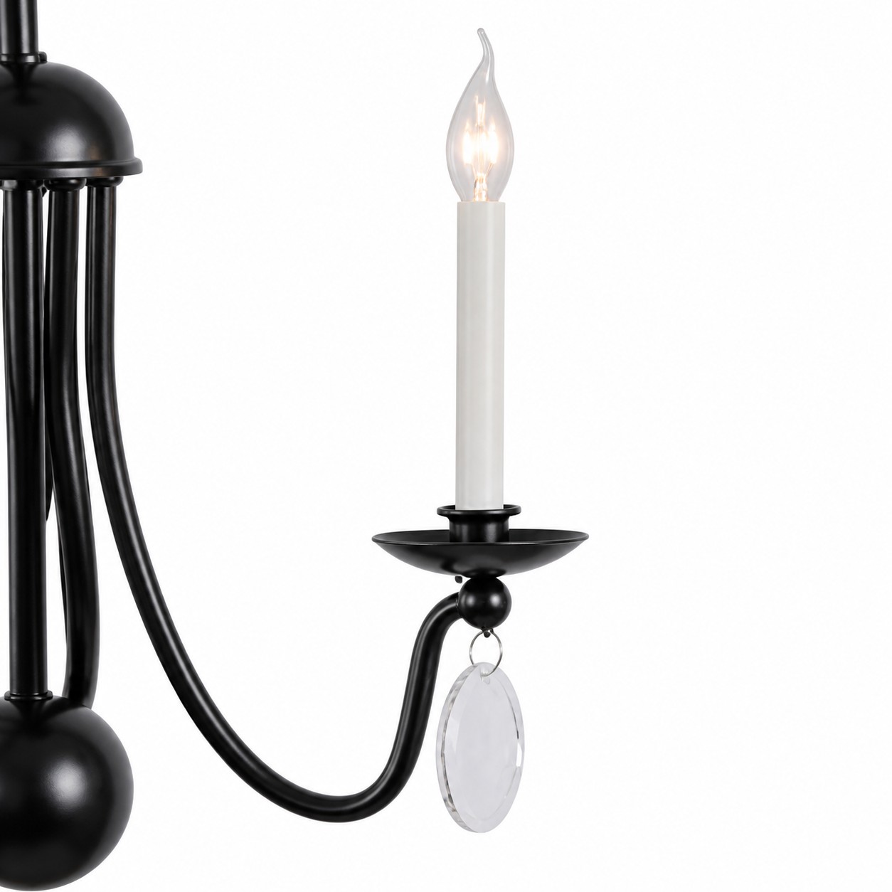 Candle-style light on a curved black metal arm