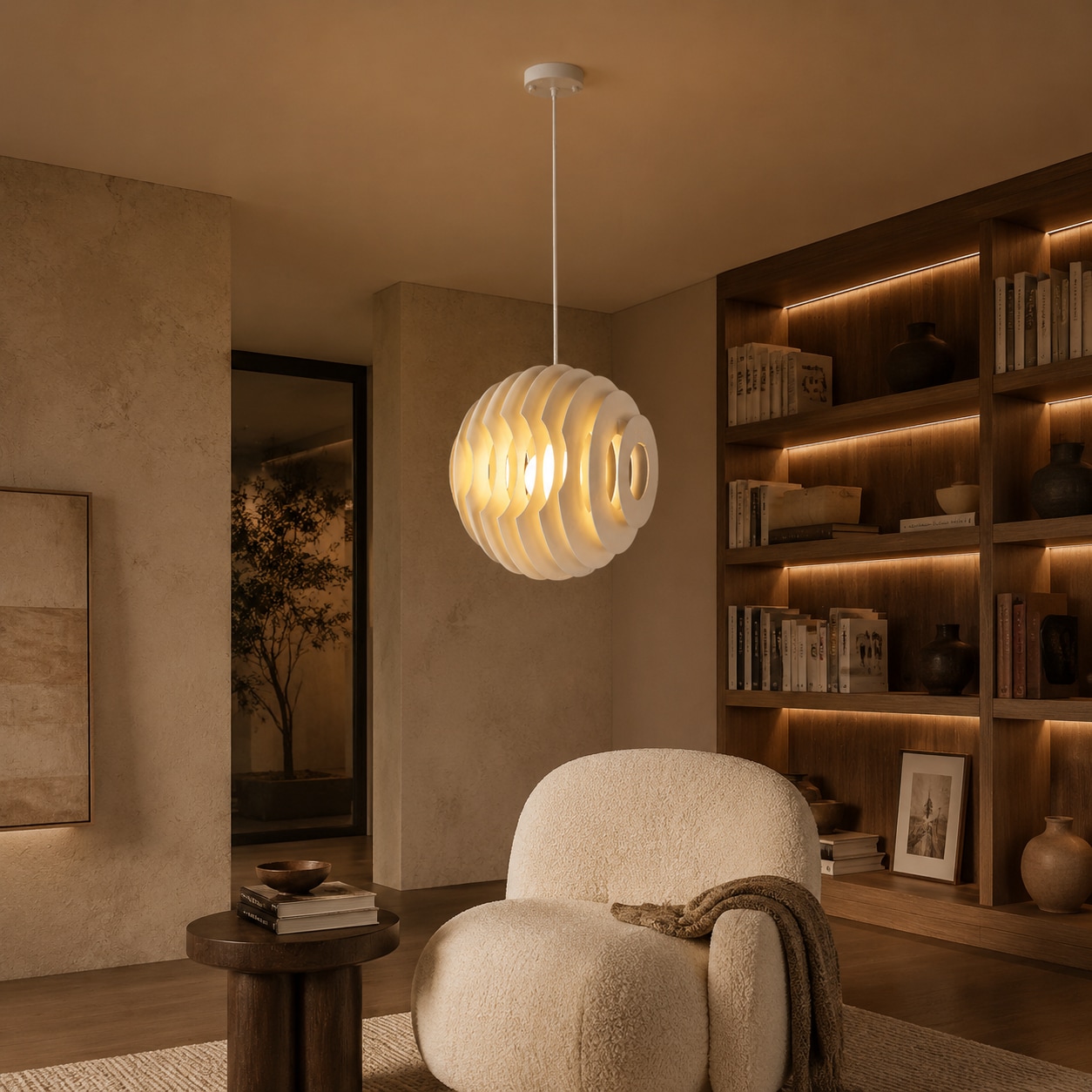White layered pendant in a quiet reading corner