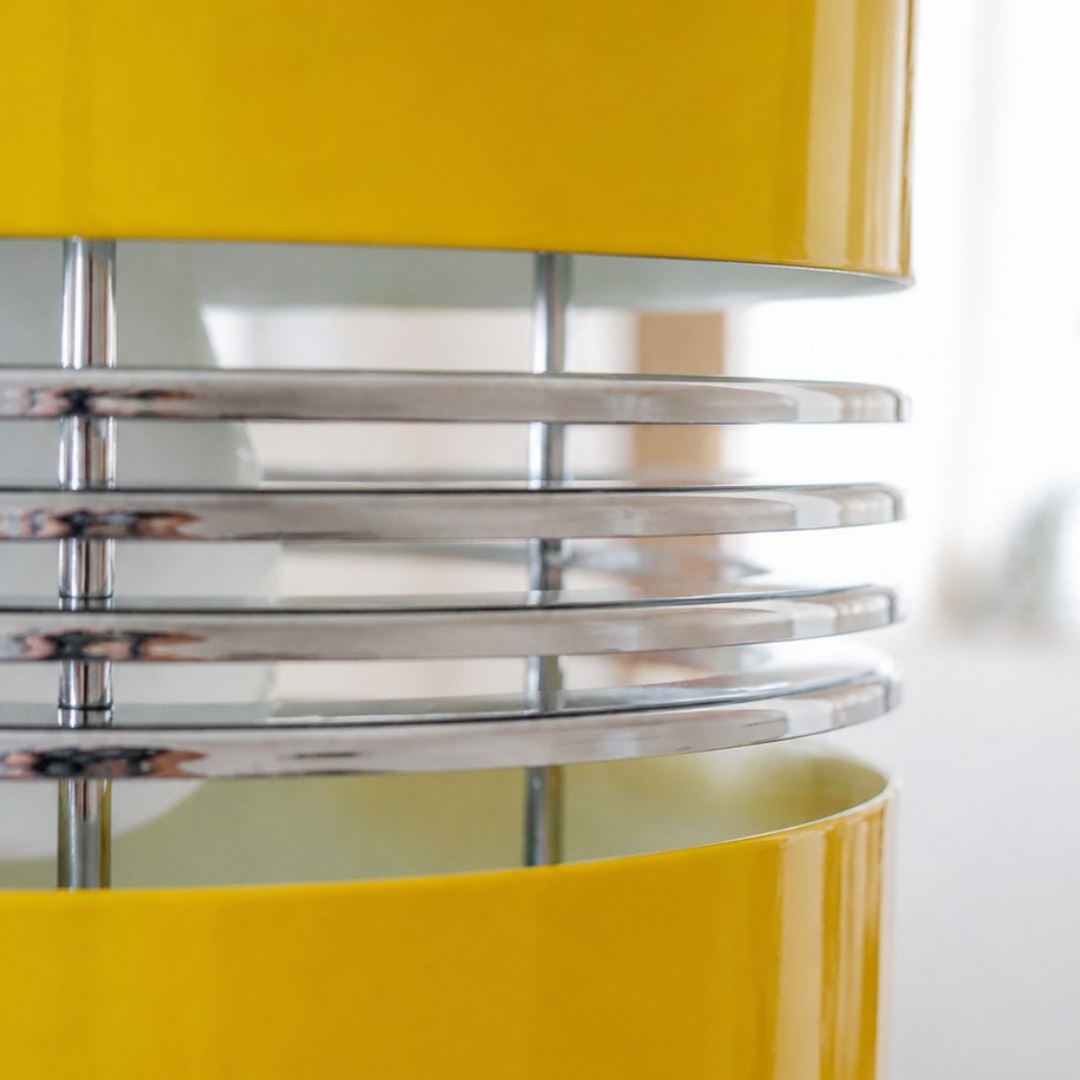 Close view of the pendant light's horizontal chrome rings