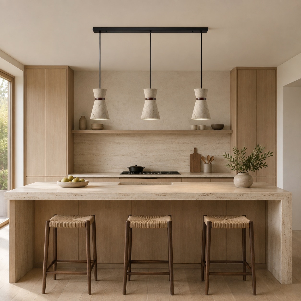 Three head travertine pendant light over a kitchen island