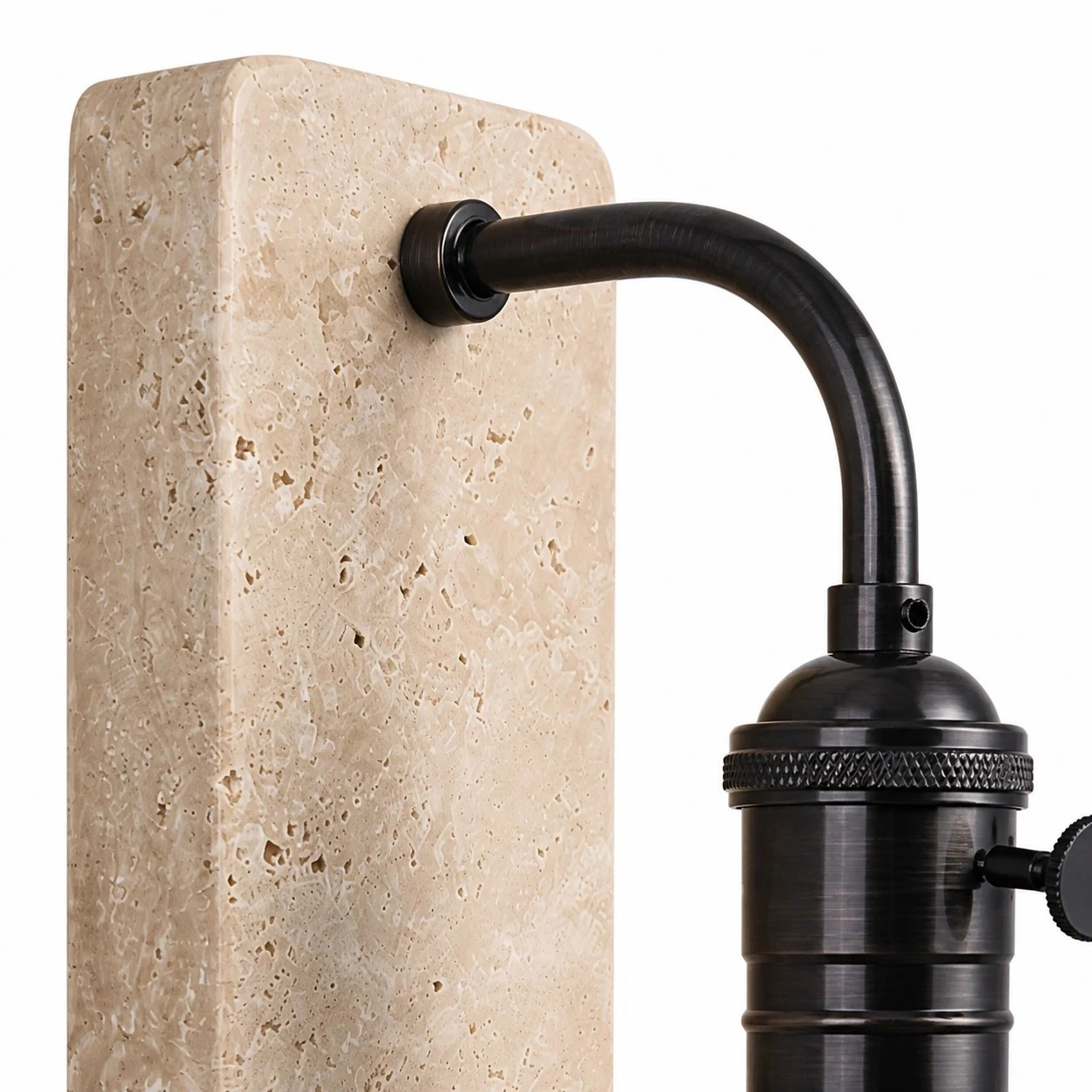 Travertine and metal arm connection detail