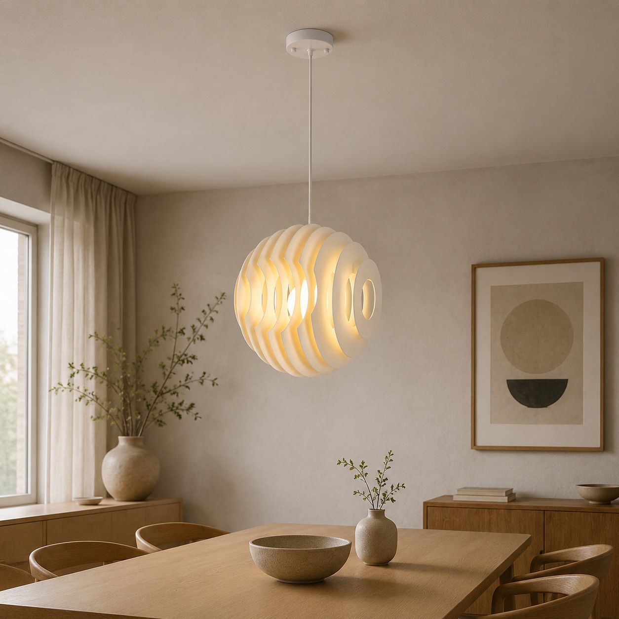 White layered pendant in a calm dining room