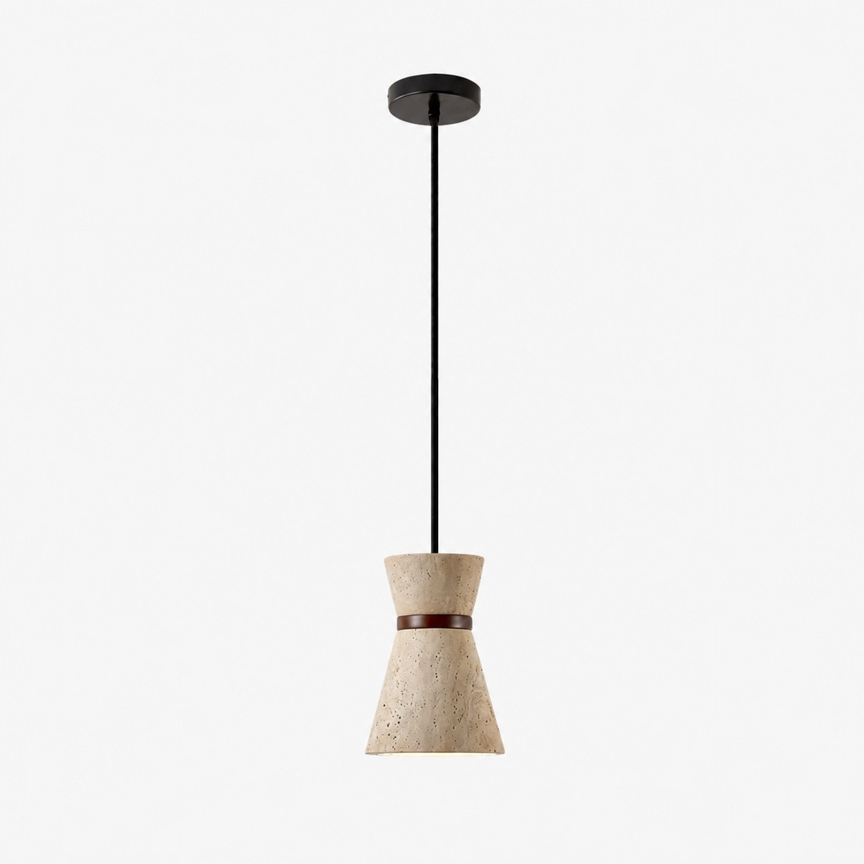 Single travertine stone pendant light with solid wood band