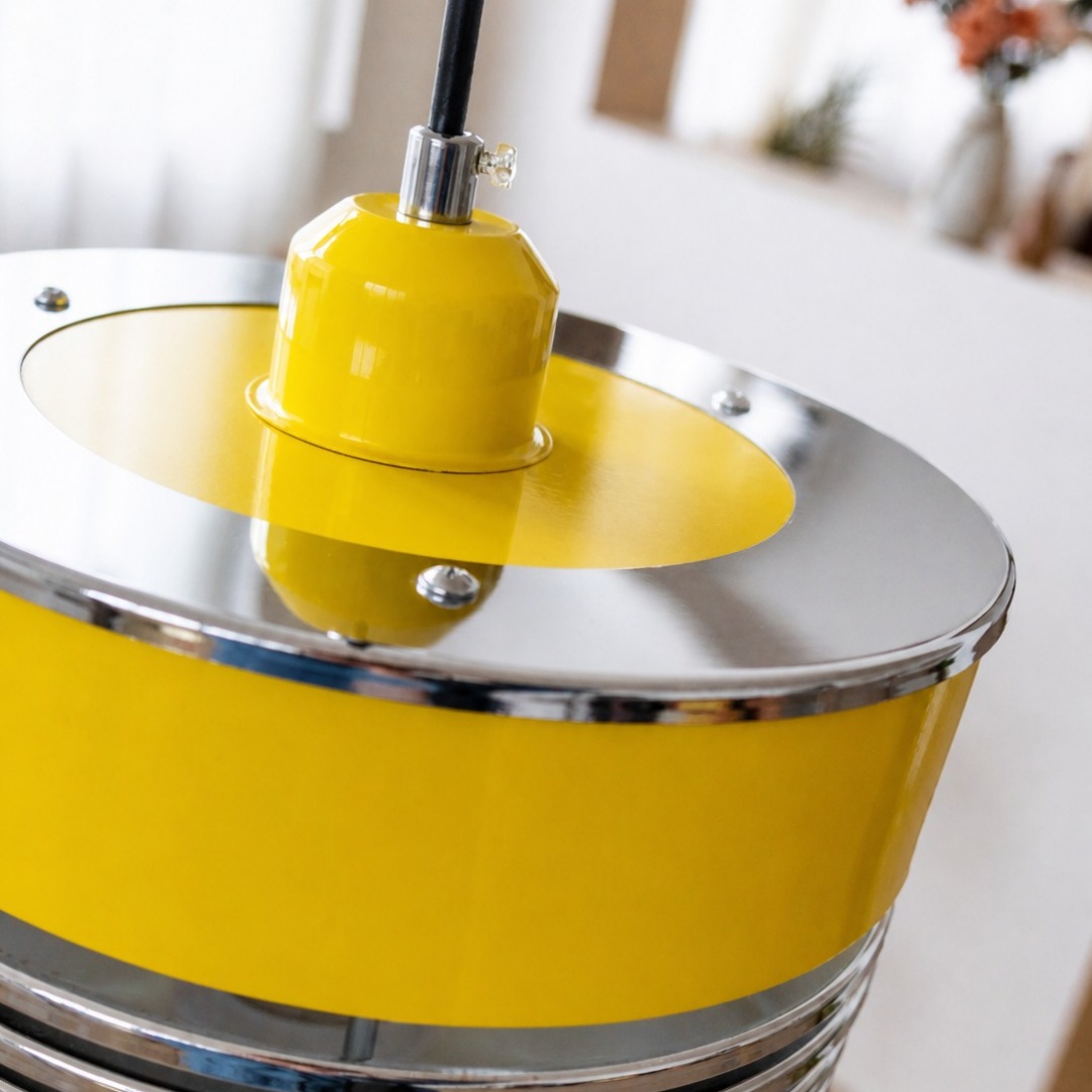Close view of the yellow lacquered upper shade and polished metal rim