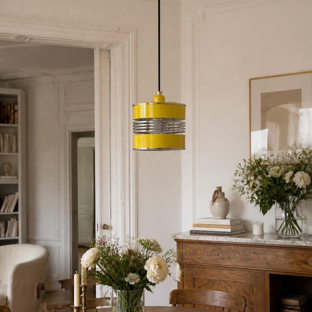 Yellow Bauhaus metal pendant light installed above a dining area