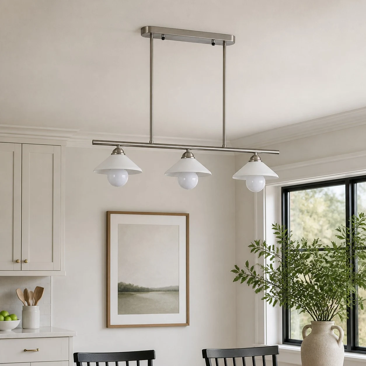 Three-light rod pendant in a calm dining space