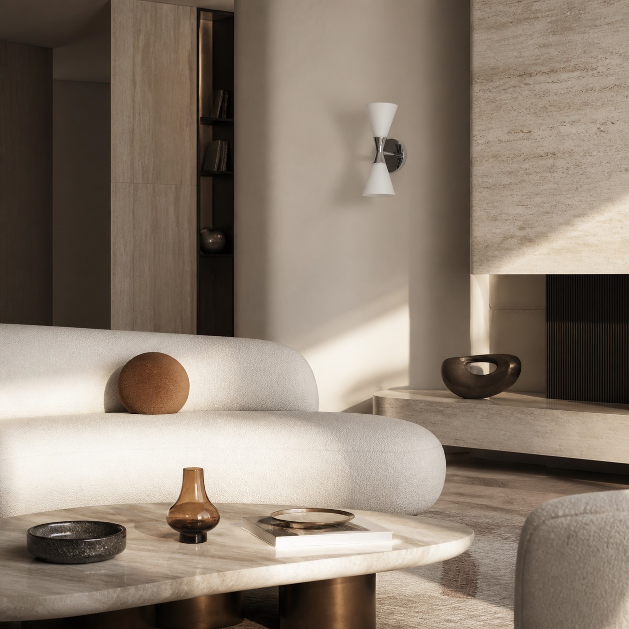 White chrome wall sconce styled in a calm living room
