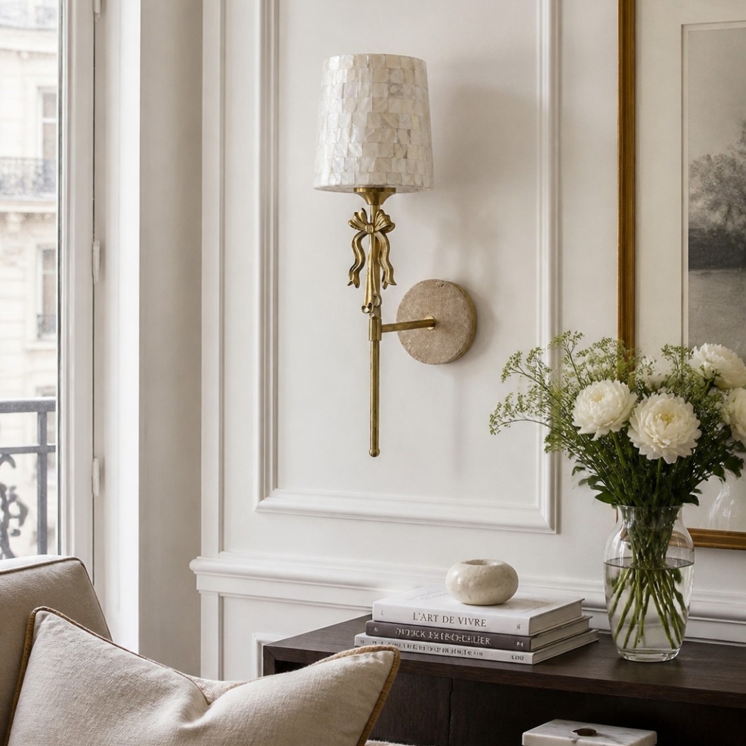 Aplique de pared con forma de arco de concha de capiz instalado en una elegante sala de estar.