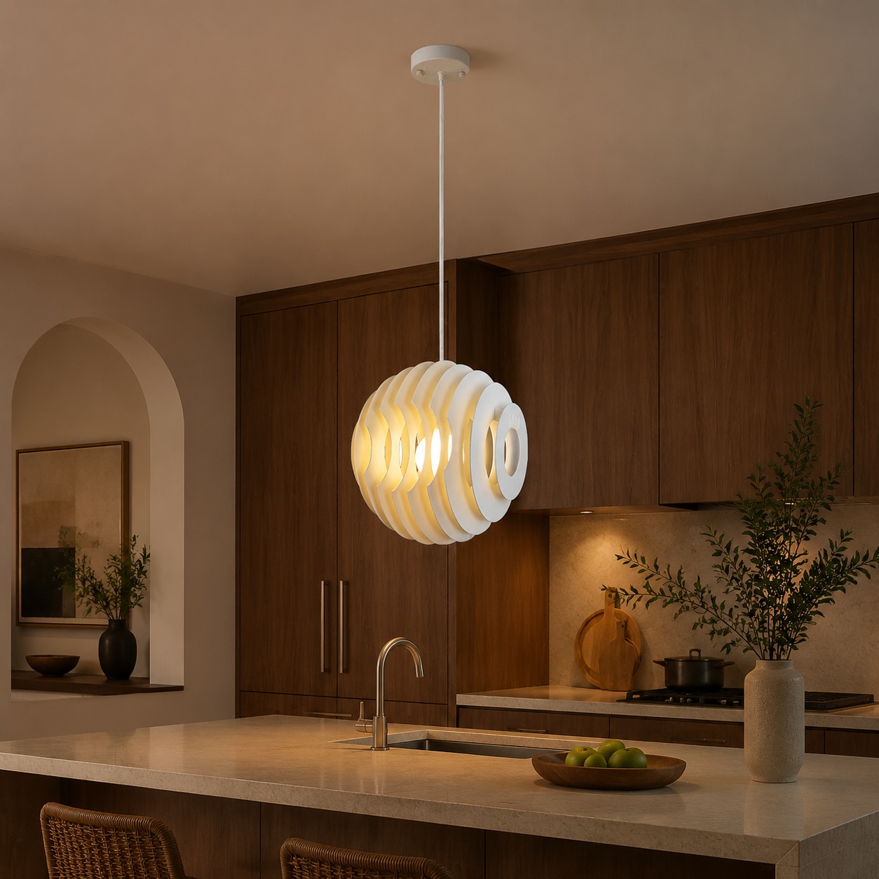 White layered pendant over a warm kitchen island