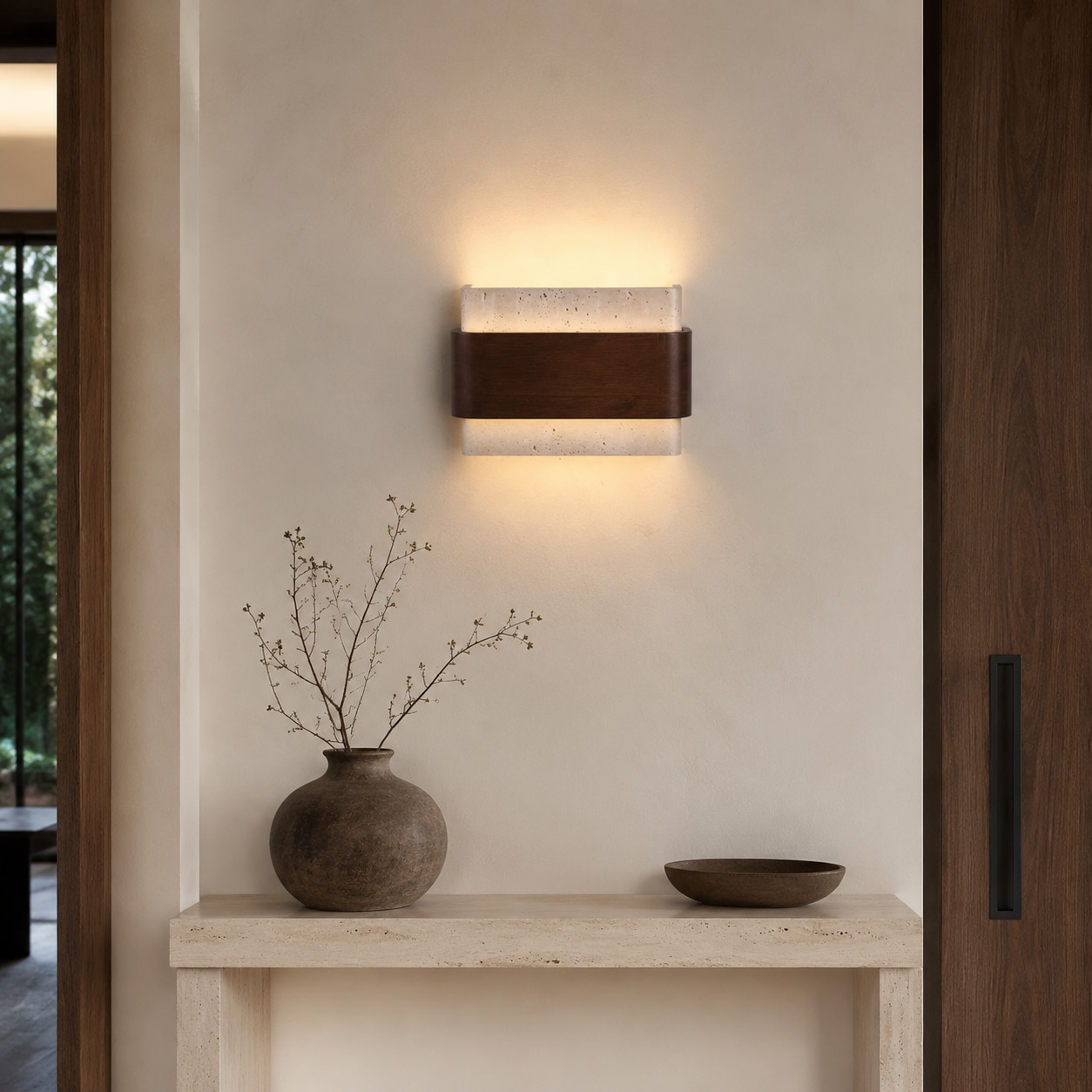 Travertine wood wall light above a stone console