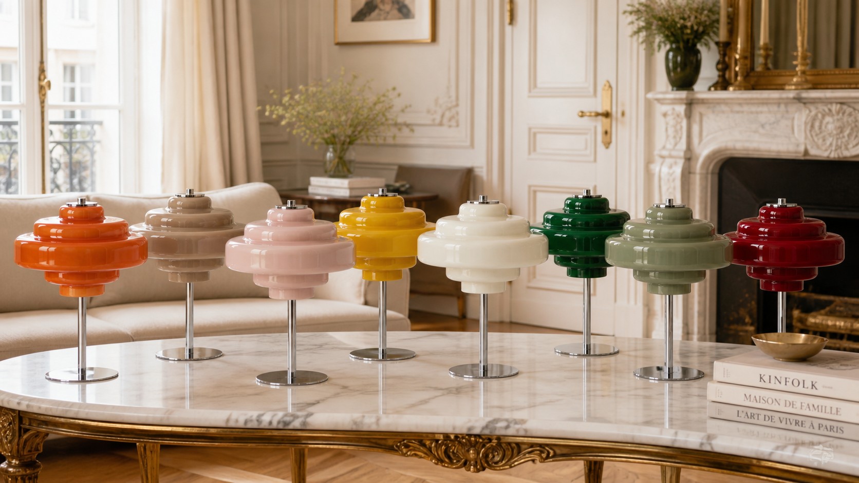 Acht kleuren Koloro glazen tafellampen samen tentoongesteld in een woonkamer.