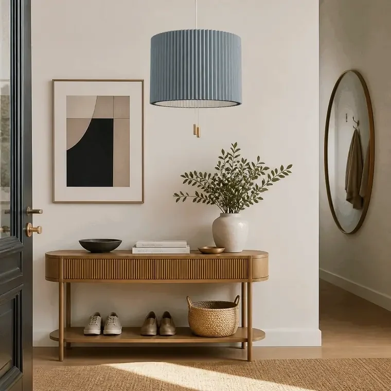 Adjustable pleated pendant light in an entrance with on and off lighting effect