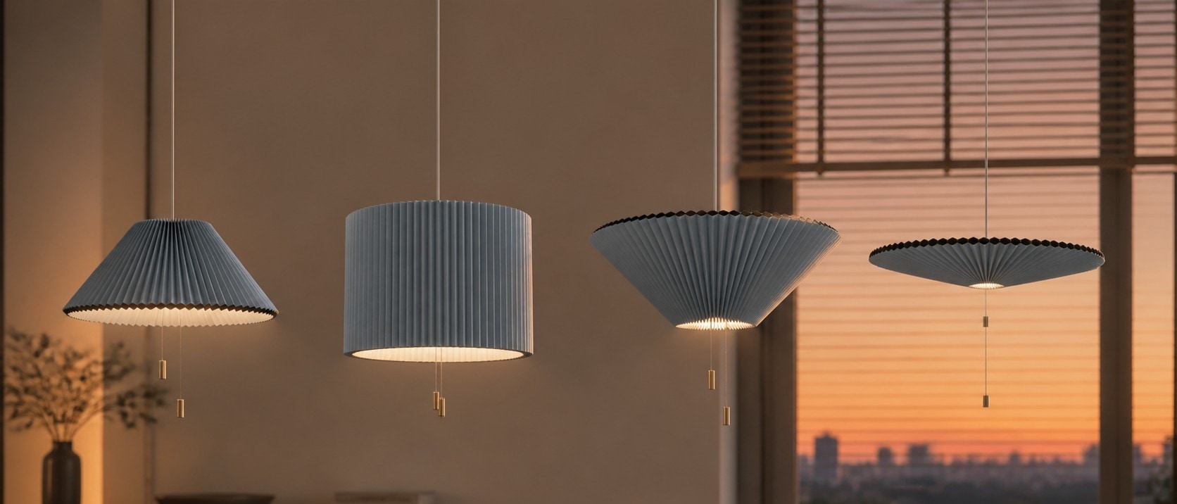Four illuminated adjustable pendant light shapes in an evening dining room with window blinds