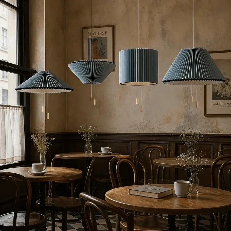 Adjustable pleated pendant lights in different open shapes hanging in a boutique cafe