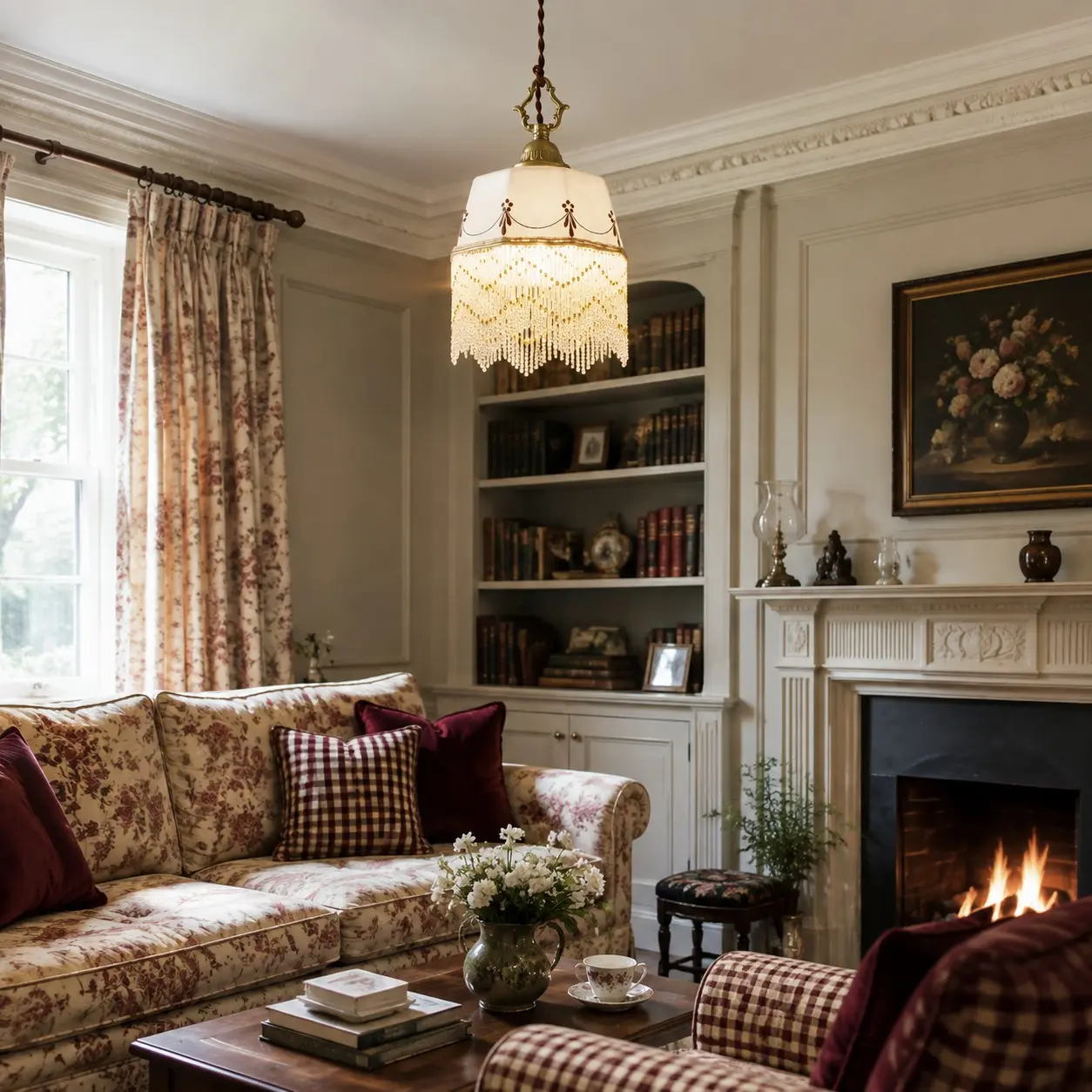 Hanglamp met keramische kwastjes in een vintage woonkamer.