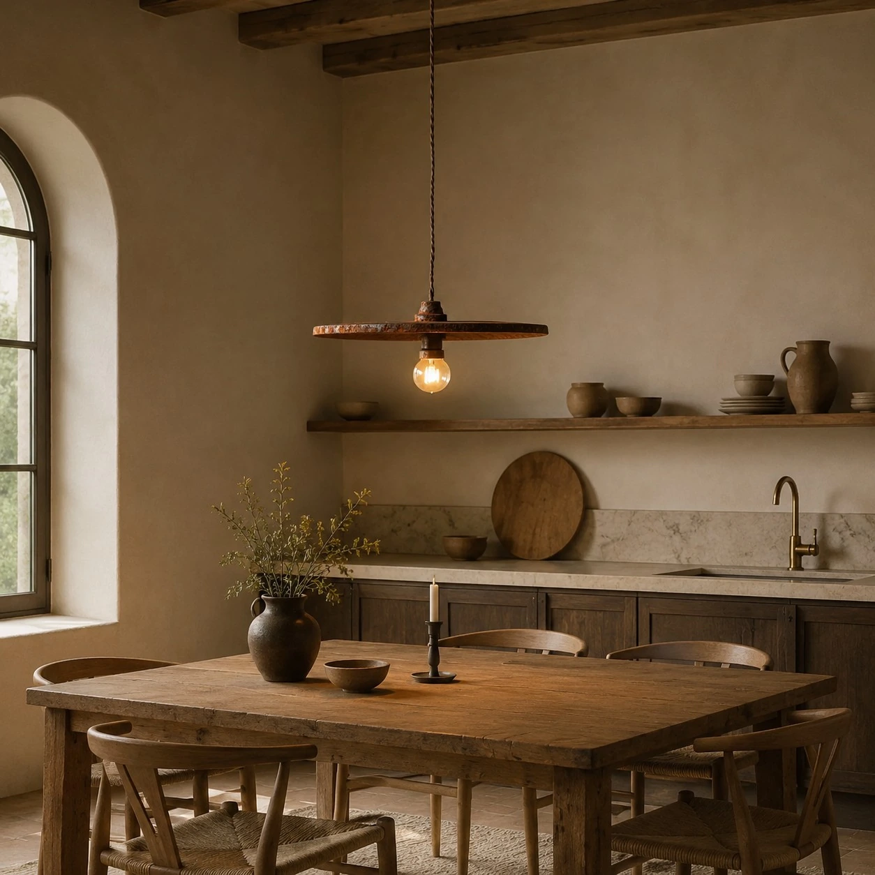 Rust brown pendant light in a rustic kitchen