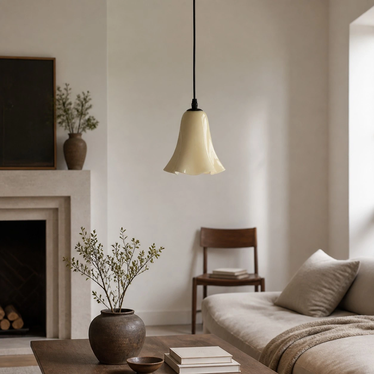 Cream yellow glass pendant light in a calm living room