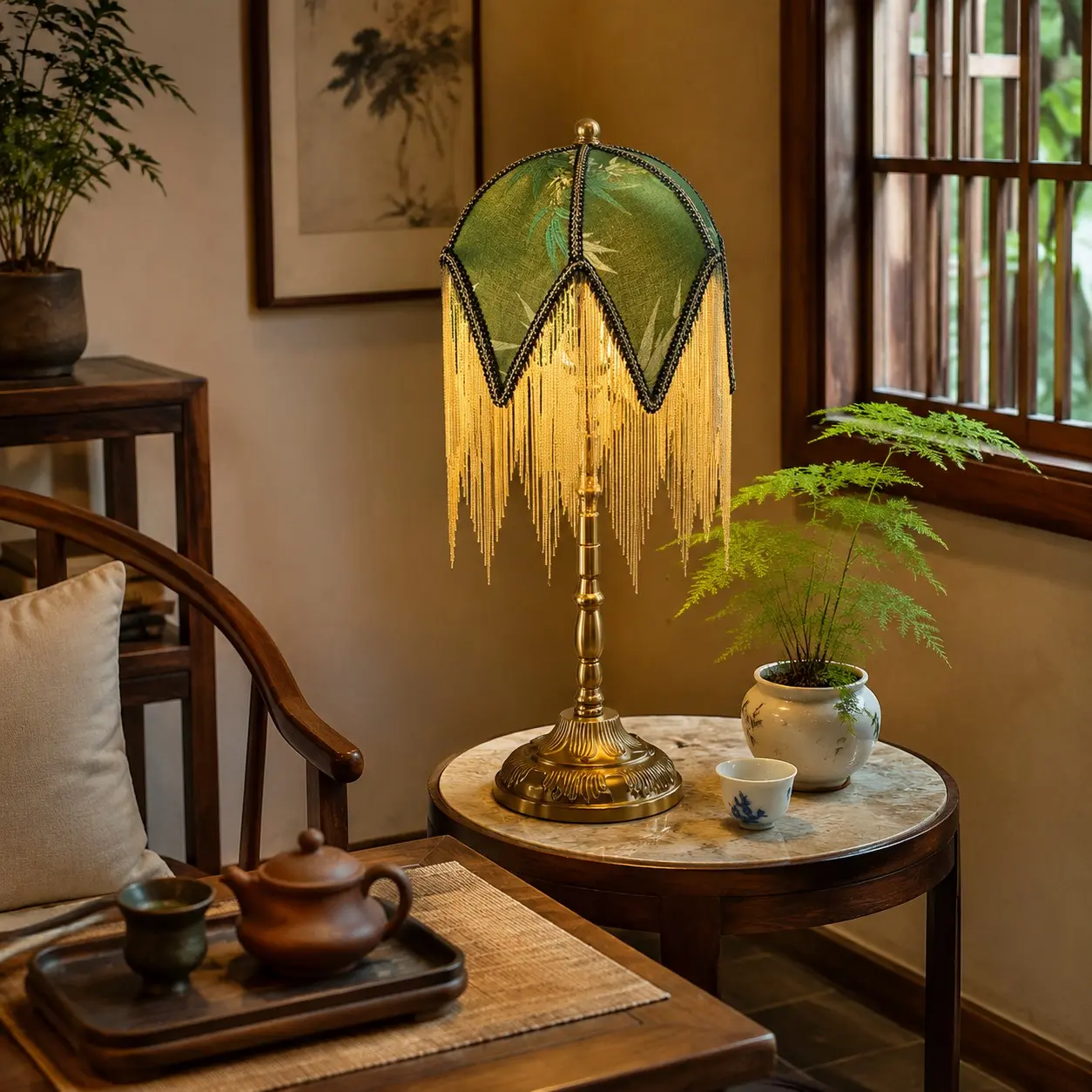 Vintage green tassel table lamp styled in a warm tea room