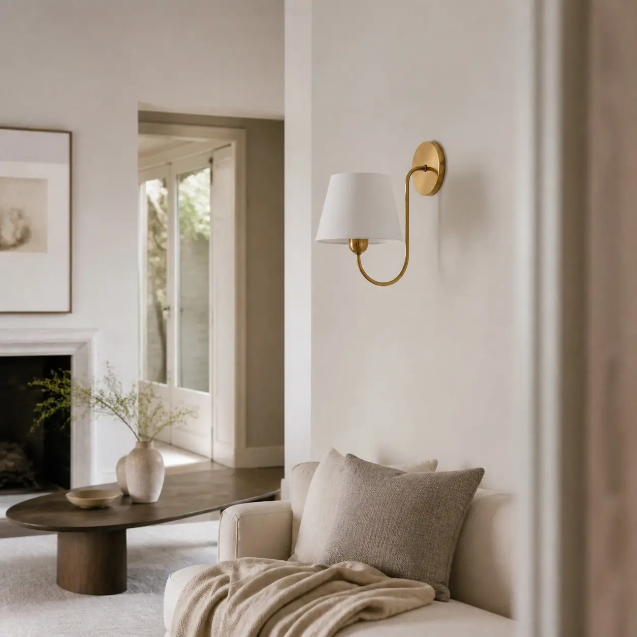Aplique de pared de cobre natural en un salón refinado.