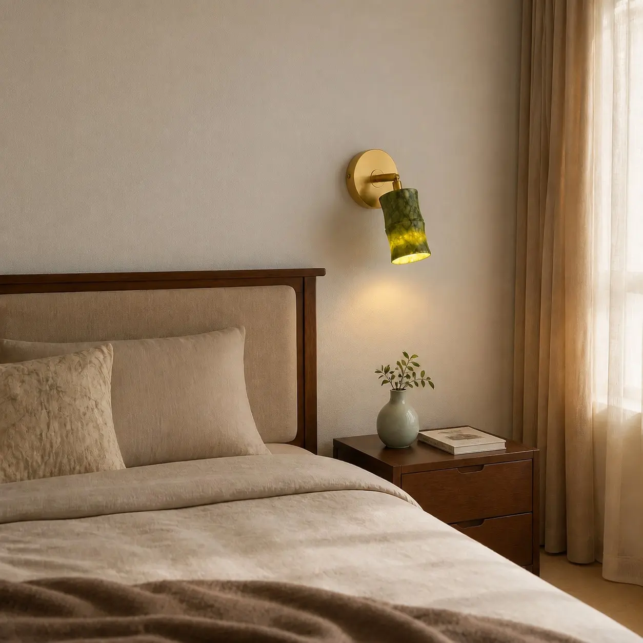 Green jade wall sconce installed beside a bedroom headboard