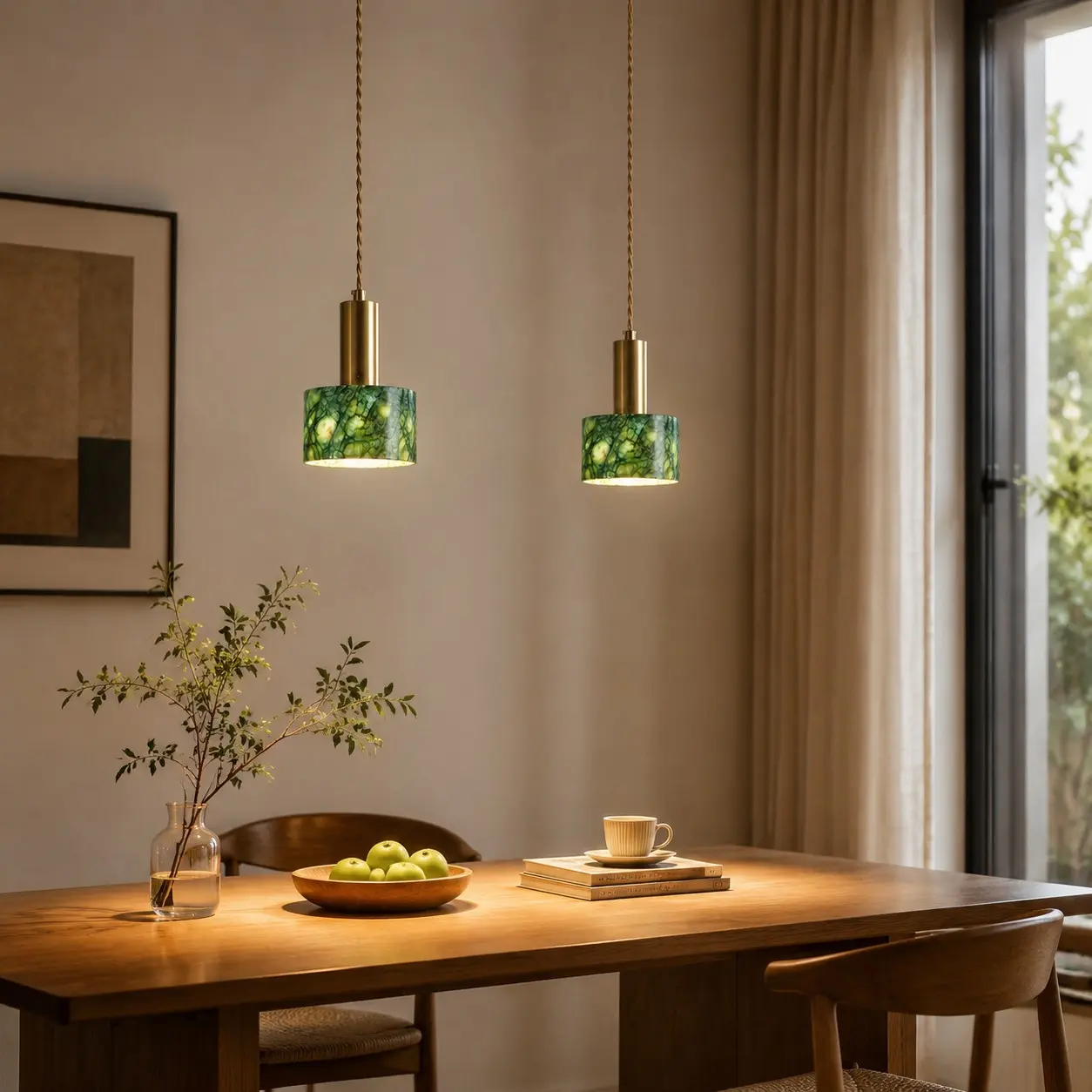 Pair of jade stone pendants in a warm dining room
