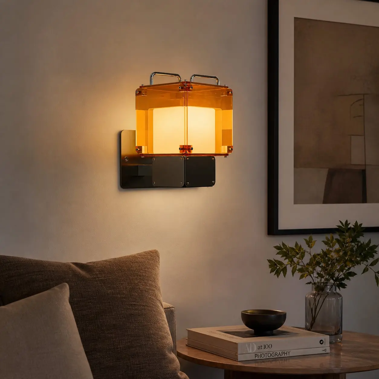 Amber wall light in a warm living room