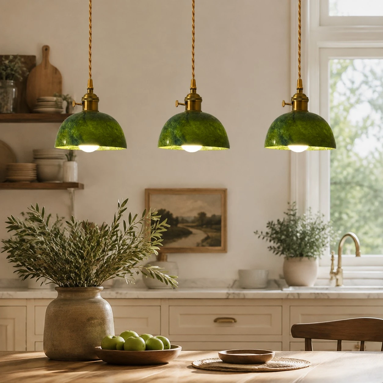 Linear canopy jade pendant lights in a dining kitchen