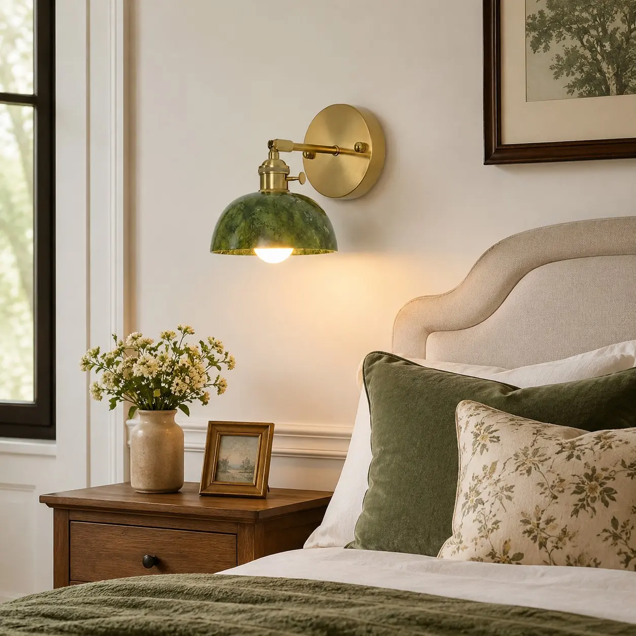 Green stone wall light styled in a bedroom