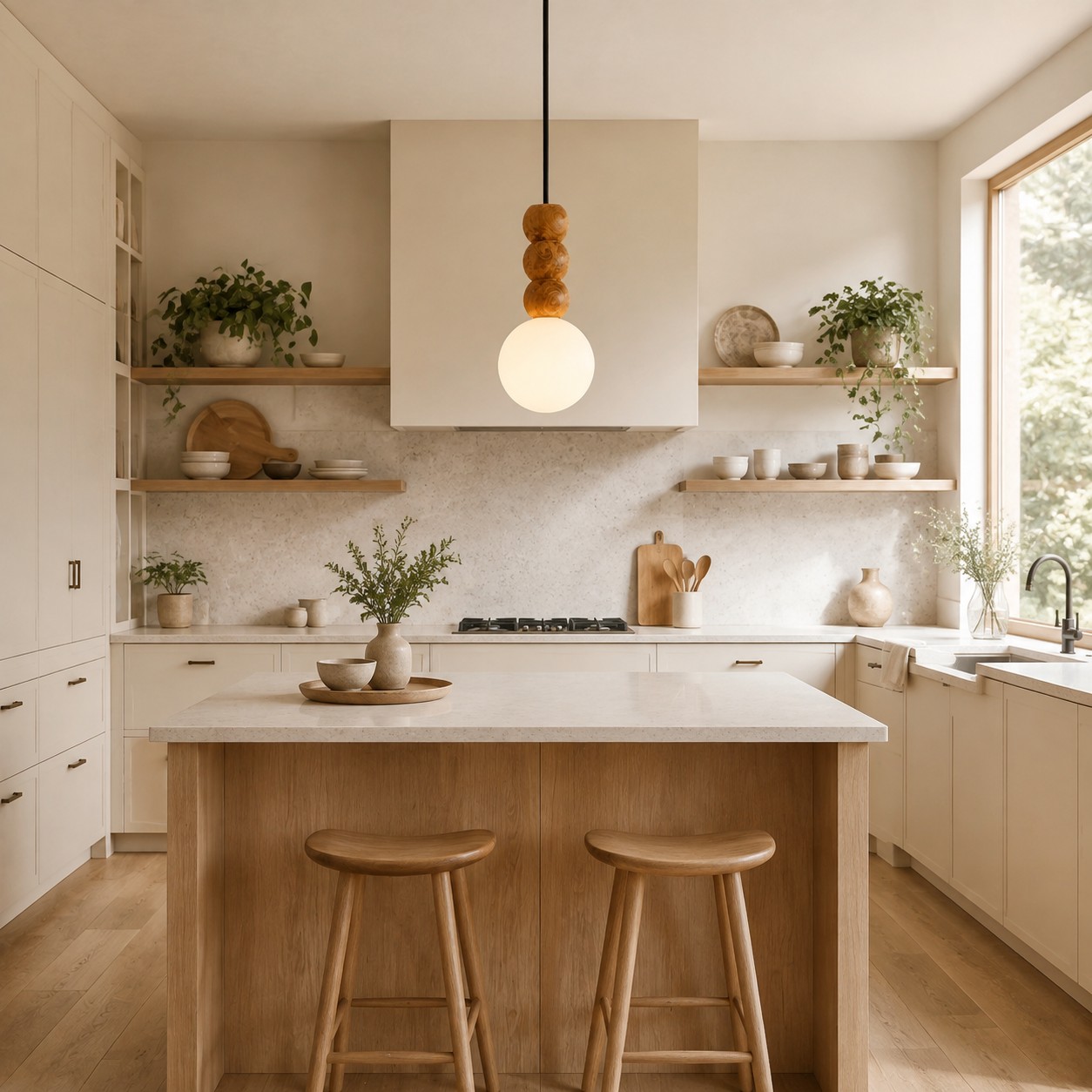 Wood bead globe pendant illuminating a warm neutral kitchen island
