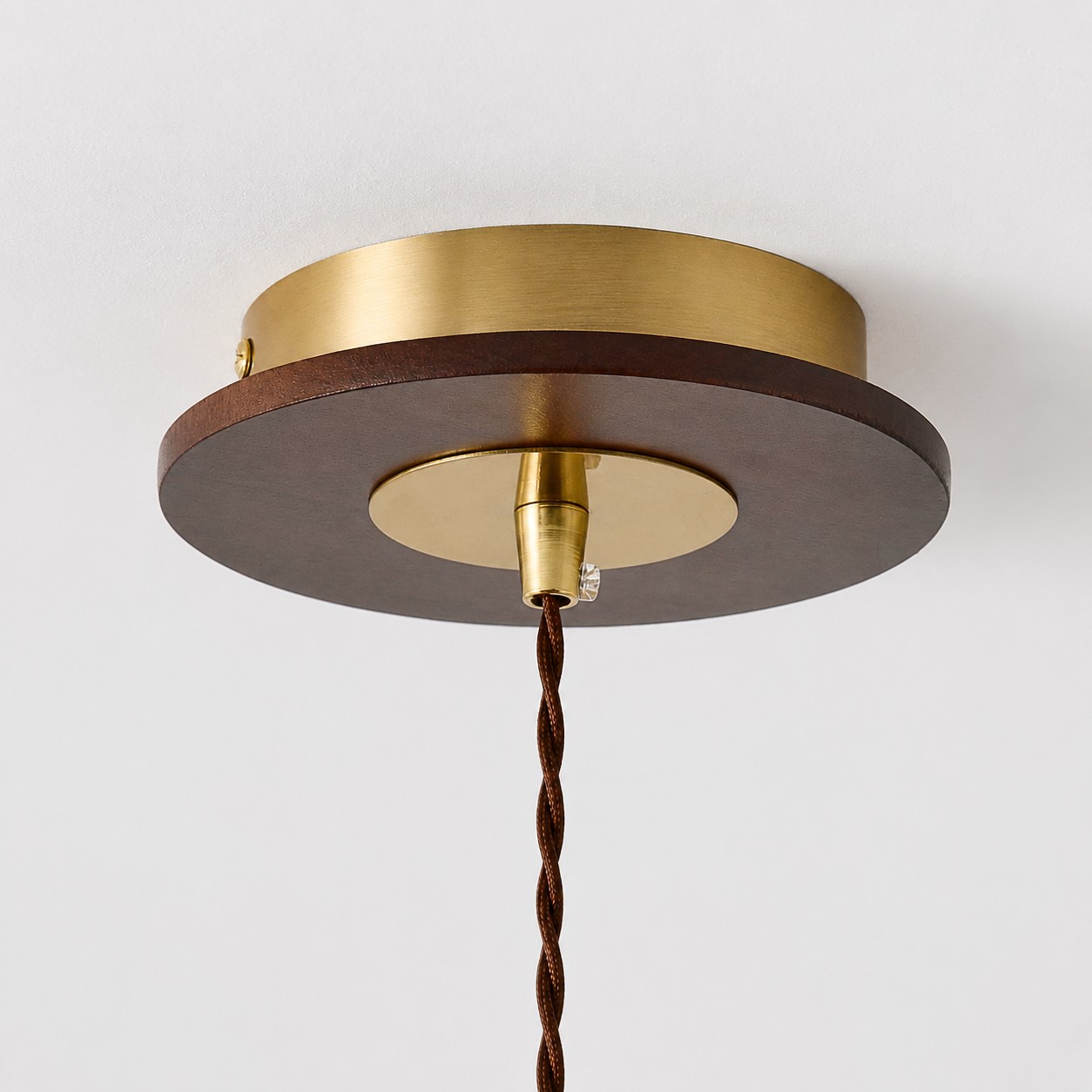 Close view of the round ceiling canopy and twisted suspension cord